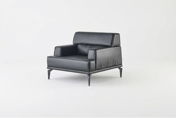 Armchair, recliner, black leather, soft, four-sided, modern, stainless steel, wood