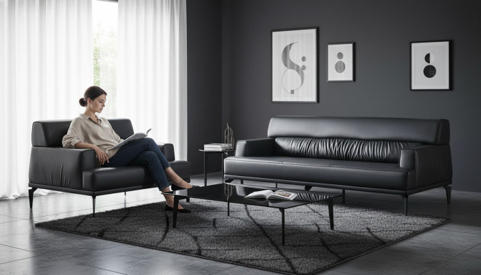 Sofa set modern 3-seater 2-seater black sofas leather stainless steel wood