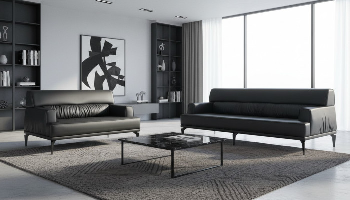 Sofa set modern 3-seater 2-seater black sofas leather stainless steel wood