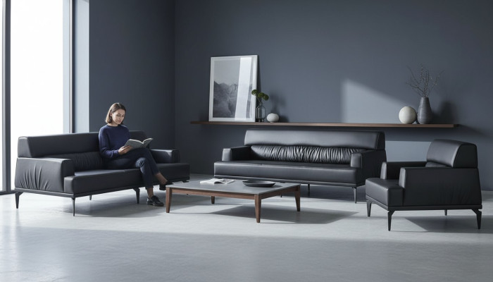 Sofa set leather 3-seater armchair black leather sofas modern