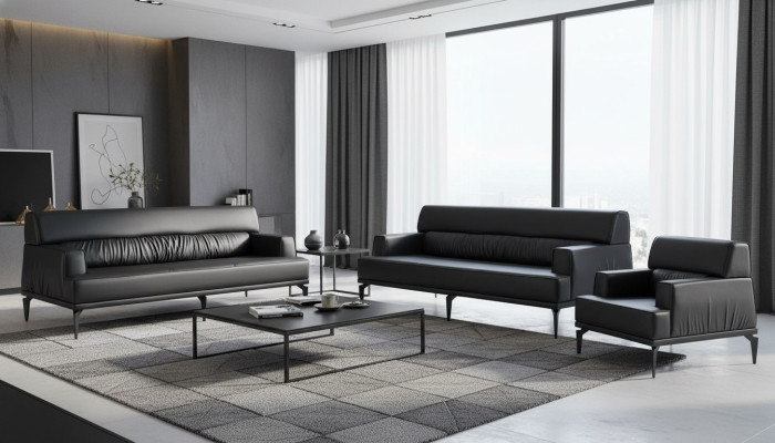 Sofa set leather 3-seater armchair black leather sofas modern