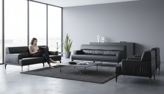 Sofa Set Couch Upholstery Furniture Office Equipment Seating Black Sofa Set 4-piece.
