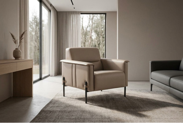 Armchair Beige Stainless Steel Chair Modern Leather Wood 1-Seater Soft