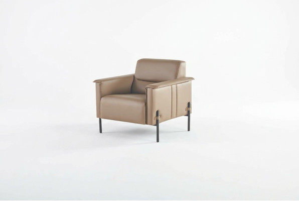 Armchair Beige Stainless Steel Chair Modern Leather Wood 1-Seater Soft