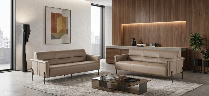 Leather sofas 3-seater stainless steel beige modern stainless steel couch leather wood