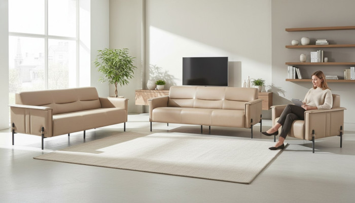 Beige leather sofas stainless steel set 3-seater armchair modern leather wood couch