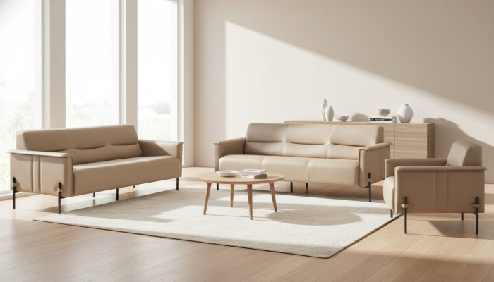 Beige leather sofas stainless steel set 3-seater armchair modern leather wood couch