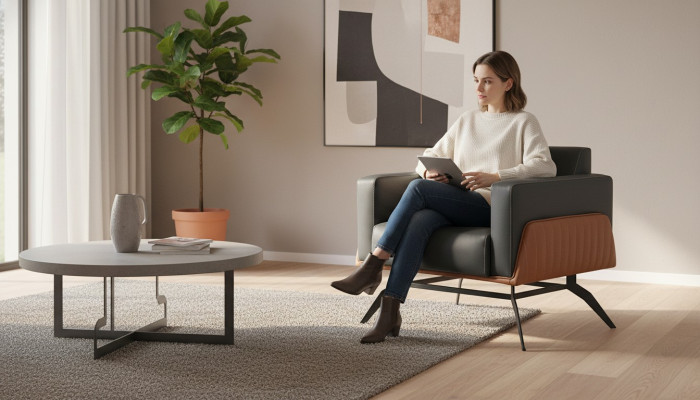 Armchair 1-Seater Seating Furniture Modern Leather Stainless Steel Wood Two-Seater