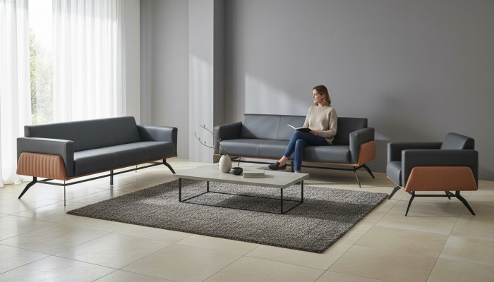 Sofa set seating furniture black brown 3-seater armchair leather sofas stainless steel wood
