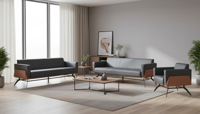 Sofa set seating furniture black brown 3-seater armchair leather sofas stainless steel wood