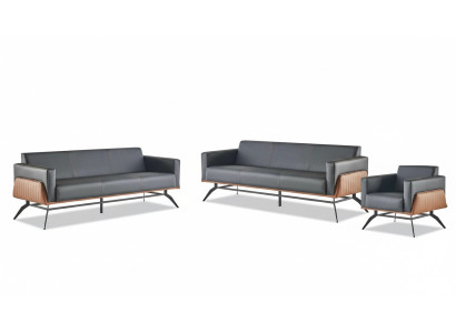 Sofa set seating furniture black brown 3-seater armchair leather sofas stainless steel wood