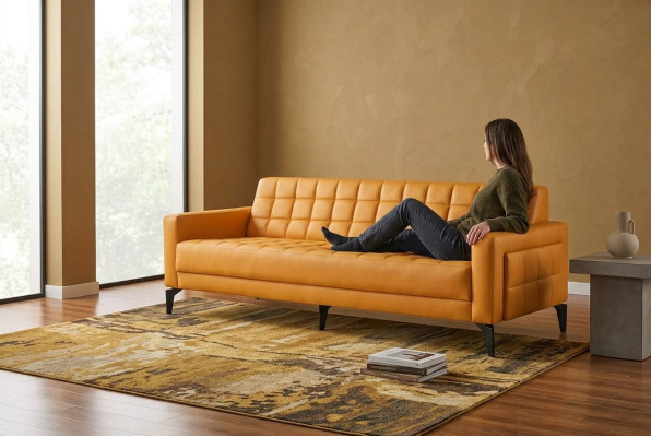 Leather sofa 3-seater Chesterfield modern three-seater couch leather wood