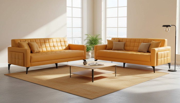Yellow Sofa Set 3-Seater Sofas Chesterfield Leather Sofas Modern Leather Stainless Steel