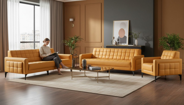 Complete Set Sofas Modern Leather Sofas 3-Seater Armchair Couch Leather Stainless Steel