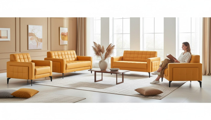 Chesterfield Seating Furniture Yellow 2-Seater Armchair Leather Sofas Modern Stainless Steel