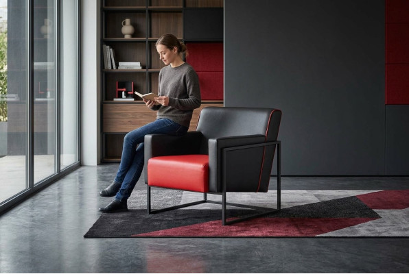 Black red armchair leather modern stainless steel wood 1-seater