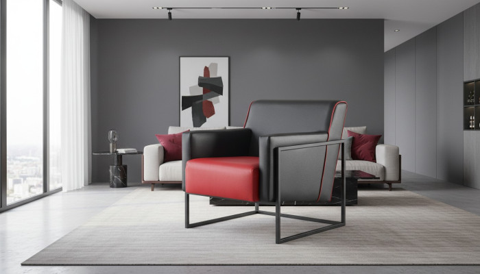 Black red armchair leather modern stainless steel wood 1-seater