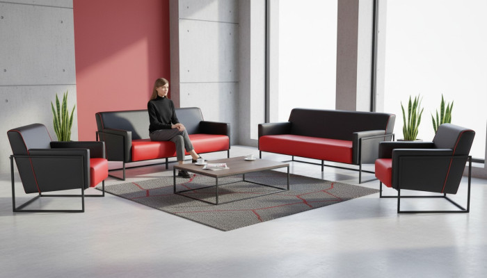 Sofa Set 3-Seater Armchair Black Red Leather Sofas Leather Stainless Steel Wood