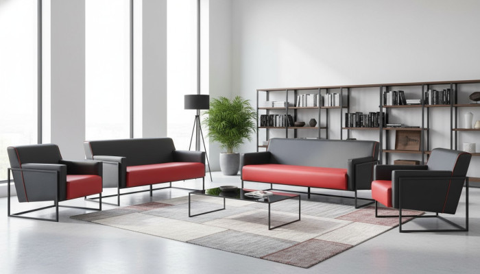 Sofa Set 3-Seater Armchair Black Red Leather Sofas Leather Stainless Steel Wood