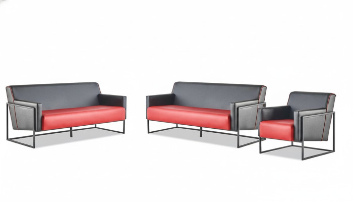 Sofa Set 3-Seater Armchair Black Red Leather Sofas Leather Stainless Steel Wood