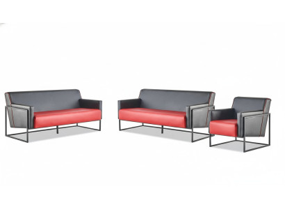 Sofa Set 3-Seater Armchair Black Red Leather Sofas Leather Stainless Steel Wood