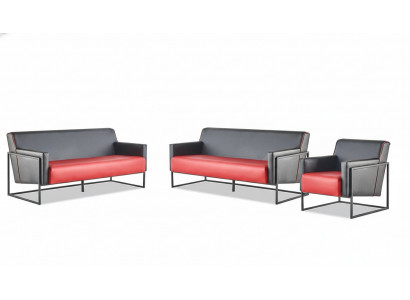Sofa Set 3-Seater Armchair Black Red Leather Sofas Leather Stainless Steel Wood
