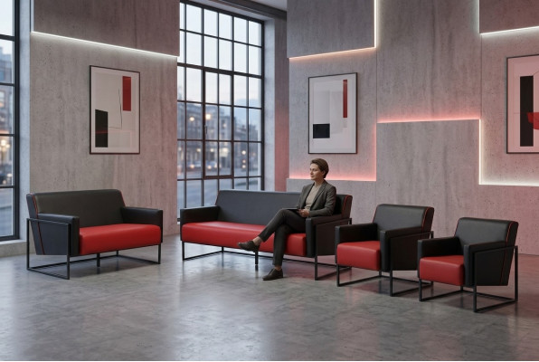 Complete set 3-seater armchair black red sofa set leather stainless steel wood