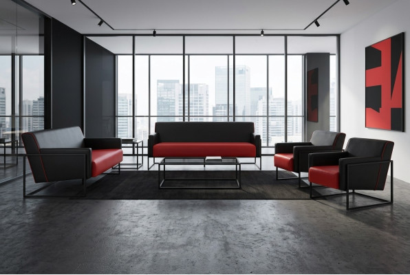 Complete set 3-seater armchair black red sofa set leather stainless steel wood