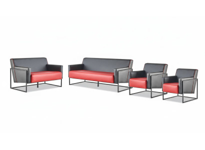 Complete set 3-seater armchair black red sofa set leather stainless steel wood