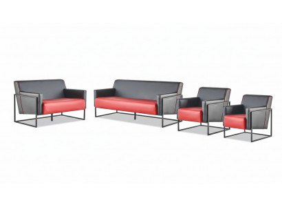 Complete set 3-seater armchair black red sofa set leather stainless steel wood