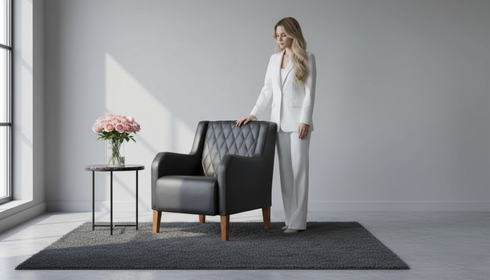 Black armchair, leather, wood, modern, 1-seater, soft seating furniture