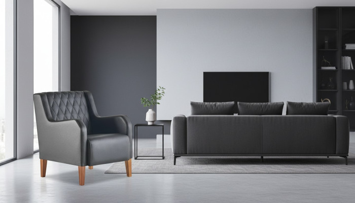 Black armchair, leather, wood, modern, 1-seater, soft seating furniture