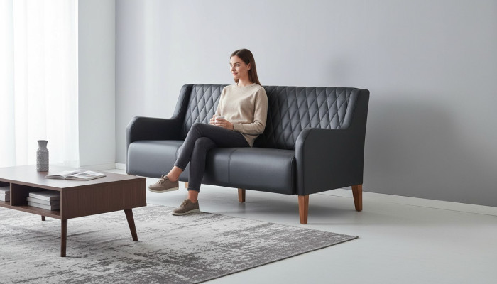 Leather sofa, 3-seater, black seating furniture, modern, leather, wood, three-seater.