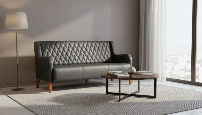 Leather sofa, 3-seater, black seating furniture, modern, leather, wood, three-seater.