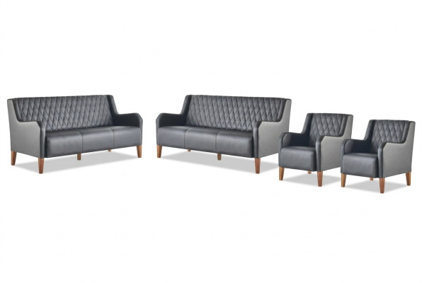 Leather sofas upholstered set 3-seater armchair black leather wood modern