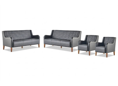 Leather sofas upholstered set 3-seater armchair black leather wood modern