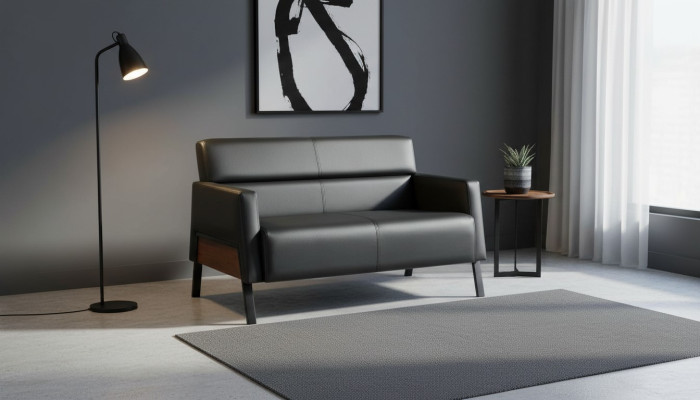 Sofa Black 2-Seater Leather Sofa Modern Couch Leather Stainless Steel Two-Seater