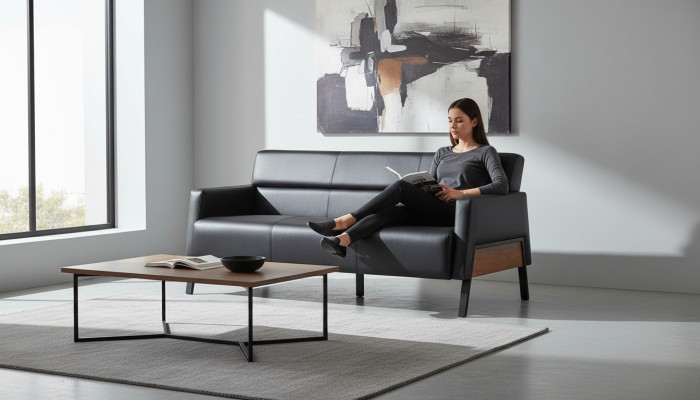 Ledesofa Sofa Black 3-Seater Three-Seater Leather Modern Wood Stainless Steel