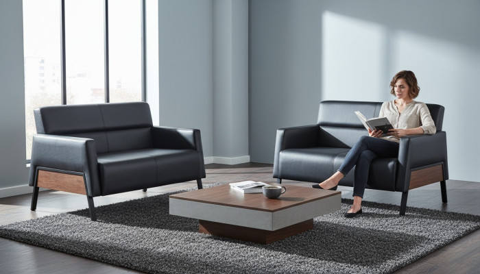 Leather sofa set, 2-seater, black, modern leather couch, stainless steel, wood, soft