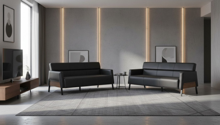 Leather sofa set 3-seater black modern leather stainless steel couch wood