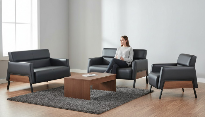 Modern set 2-seater armchair black leather sofas couch leather soft wood