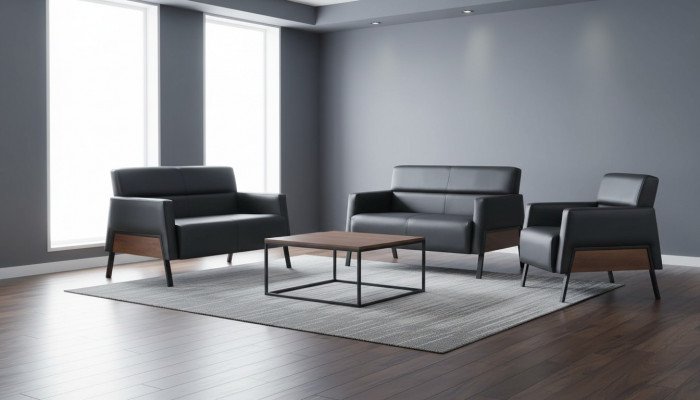 Modern set 2-seater armchair black leather sofas couch leather soft wood