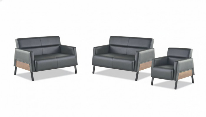 Modern set 2-seater armchair black leather sofas couch leather soft wood