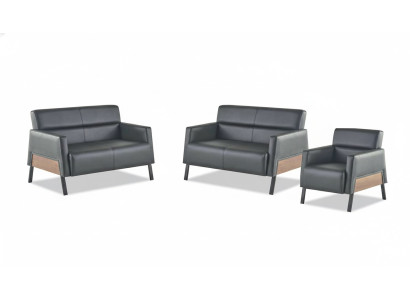 Modern set 2-seater armchair black leather sofas couch leather soft wood