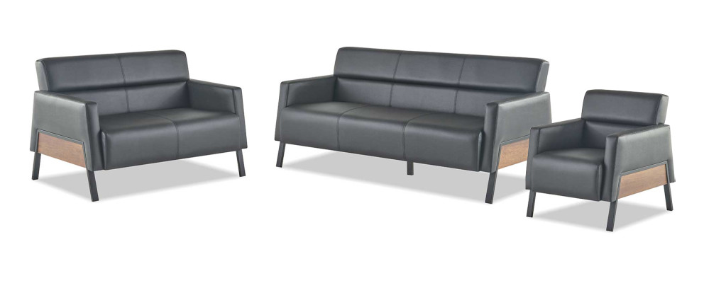 Black leather sofa set, modern 3-seater, 2-seater, armchair seating furniture