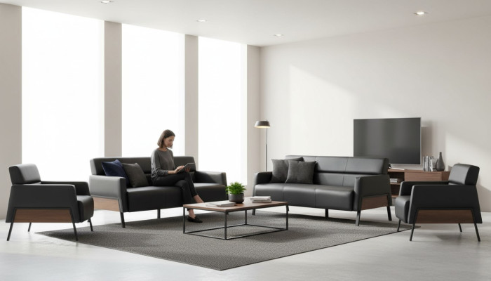 Sofa set 3-seater 2x armchair black leather sofas modern leather wood soft