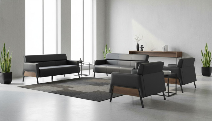 Sofa set 3-seater 2x armchair black leather sofas modern leather wood soft