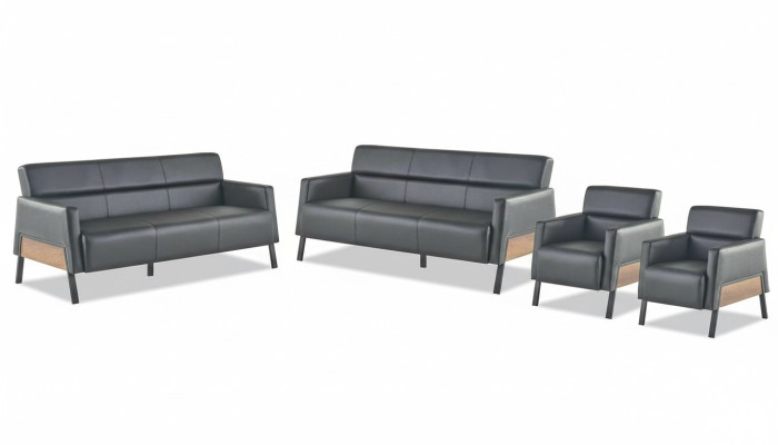 Sofa set 3-seater 2x armchair black leather sofas modern leather wood soft