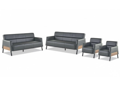 Sofa set 3-seater 2x armchair black leather sofas modern leather wood soft
