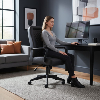 Swivel Office Chair Black With Wheels Modern Leather Wood
